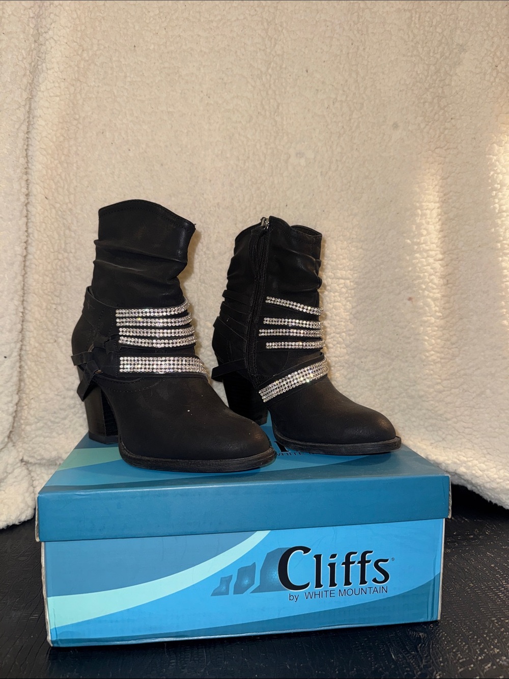 Cliffs by WHITE MOUNTAIN Black Ankle Booties with Rhinestone Straps